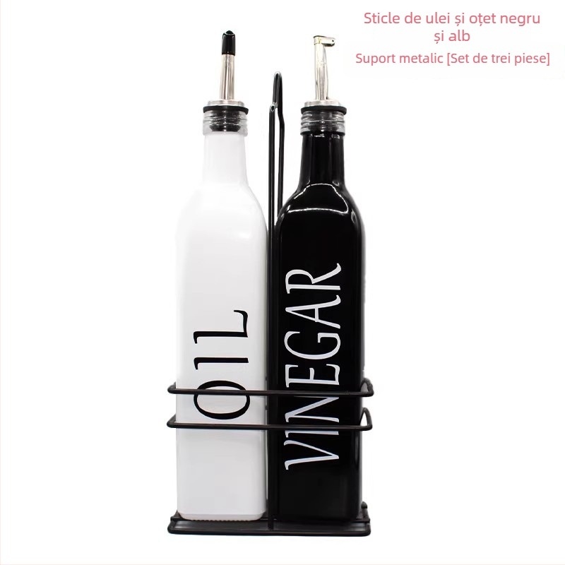 Set de sticle din sticlă pentru bucătărie: ulei și oțet, design negru-alb, sticluță pulverizator ulei