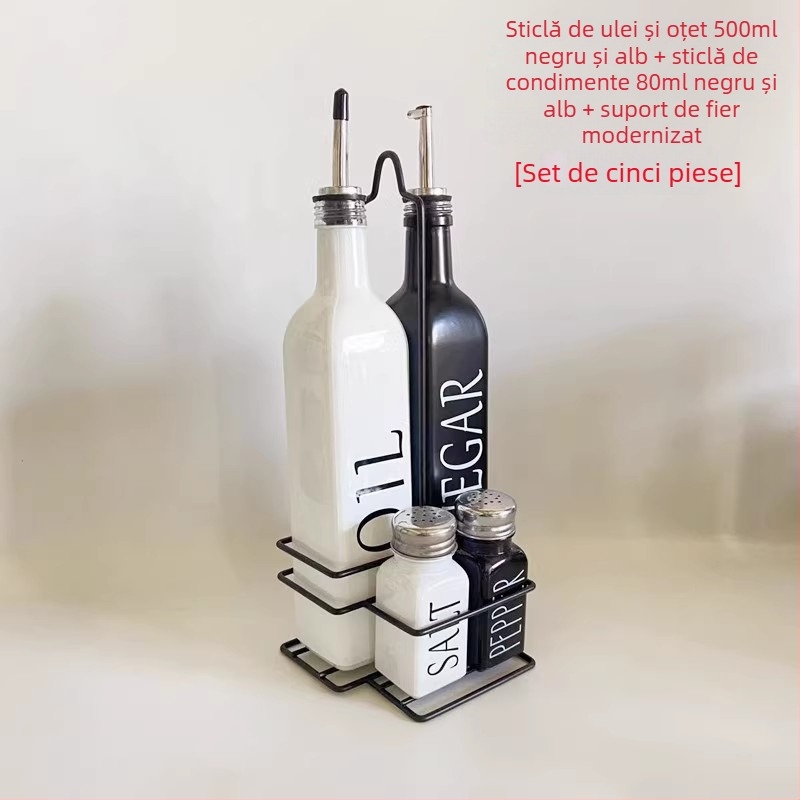 Set de sticle din sticlă pentru bucătărie: ulei și oțet, design negru-alb, sticluță pulverizator ulei