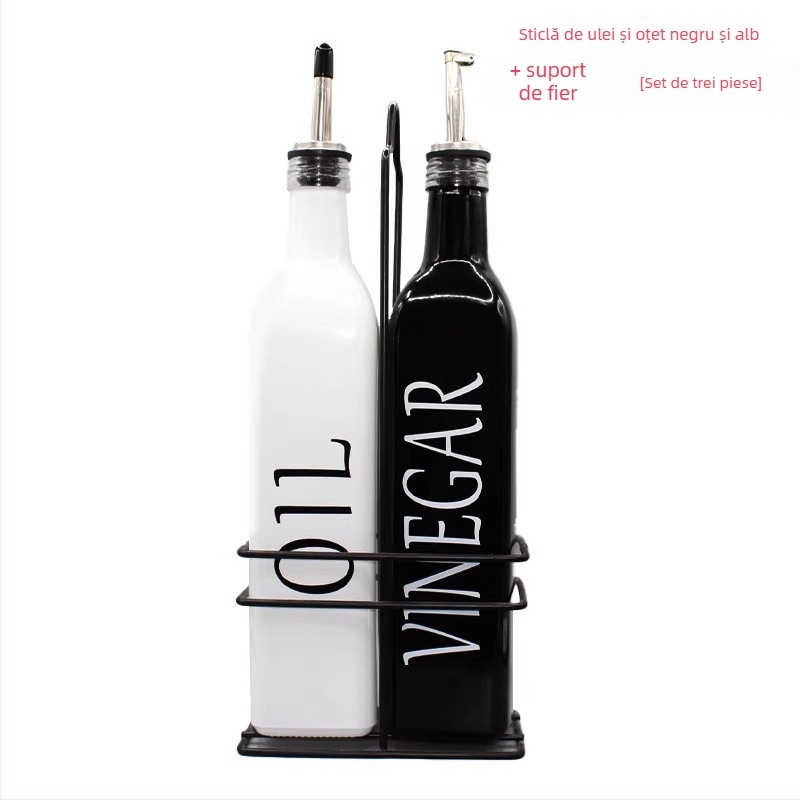 Set de sticle din sticlă pentru bucătărie: ulei și oțet, design negru-alb, sticluță pulverizator ulei