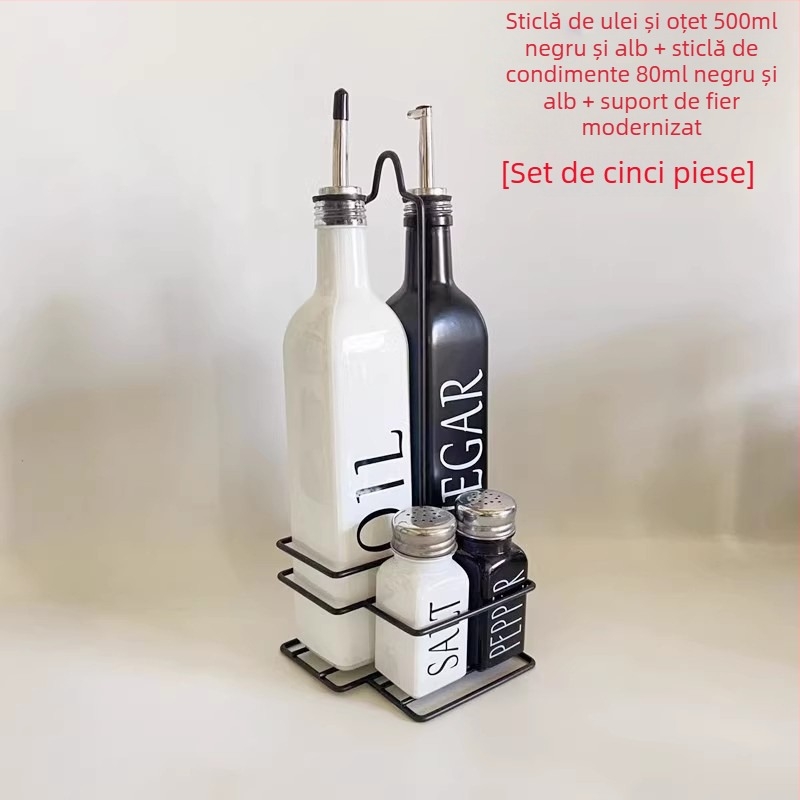 Set de sticle din sticlă pentru bucătărie: ulei și oțet, design negru-alb, sticluță pulverizator ulei