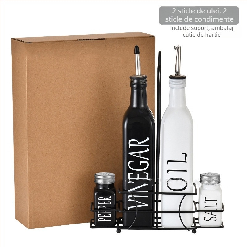 Set de sticle din sticlă pentru bucătărie: ulei și oțet, design negru-alb, sticluță pulverizator ulei