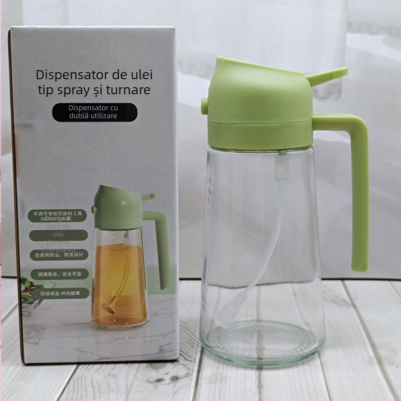 Set dozare ulei și sare cu capac automat deschis/închis — recipient din sticlă pentru ulei, recipient din plastic pentru ulei, linguriță de sare și solniță