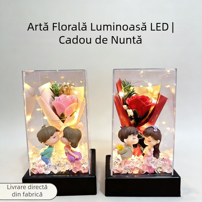 Floare veșnică sub capac de sticlă, lampă pentru cuplu, buchet de trandafiri săpun, cadou de Crăciun, Ziua Îndrăgostiților, decor creativ