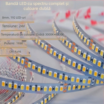 Bandă LED cu spectru complet, 24V, autoadezivă, SMD-5050, temperatură de culoare duală pentru iluminare interioară, CRI 98