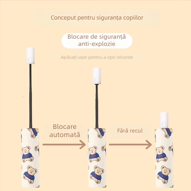 Umbrelă sigură pentru copii – umbrelă automată, pliabilă, design desen animat, potrivită pentru fete și băieți pentru școală