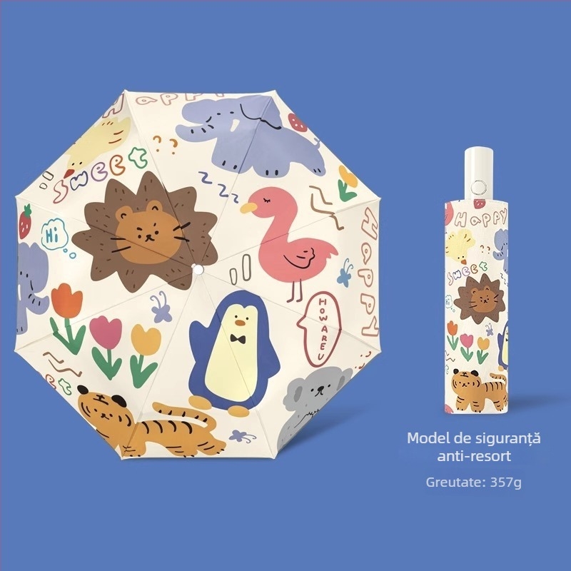 Umbrelă sigură pentru copii – umbrelă automată, pliabilă, design desen animat, potrivită pentru fete și băieți pentru școală