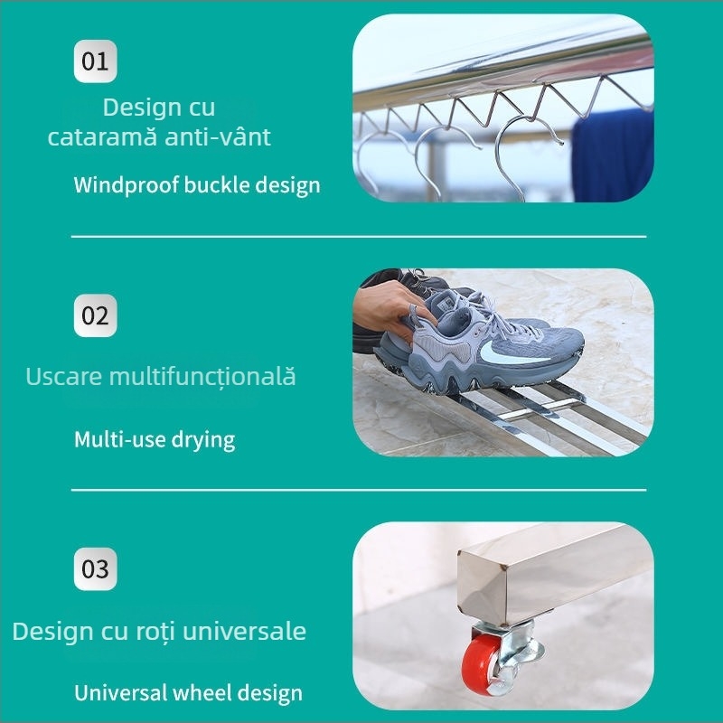 Suport de uscat haine din oțel inoxidabil 304, pe podea, cu roți, robust și întărit, rezistent la vânt pentru balcon exterior
