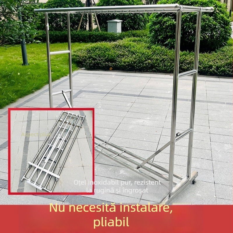 Suport de uscat haine din oțel inoxidabil 304, pe podea, cu roți, robust și întărit, rezistent la vânt pentru balcon exterior