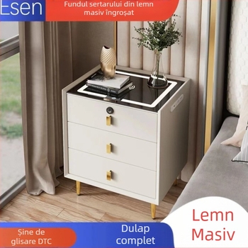 Noptieră din lemn masiv cu lampă și încărcare wireless, design modern minimalist pentru dormitor, dulap de depozitare.