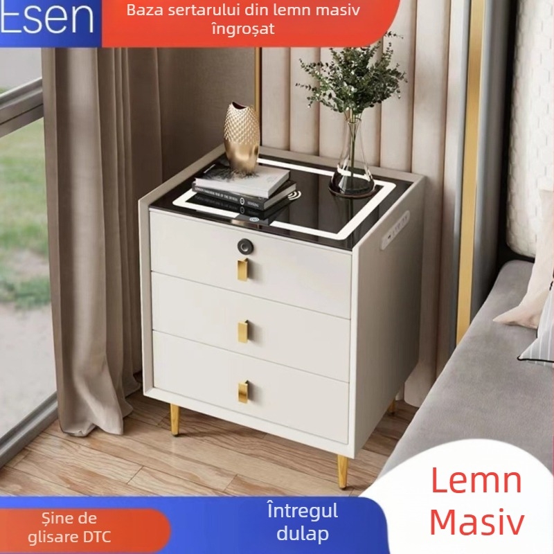 Noptieră din lemn masiv cu lampă și încărcare wireless, design modern minimalist pentru dormitor, dulap de depozitare.