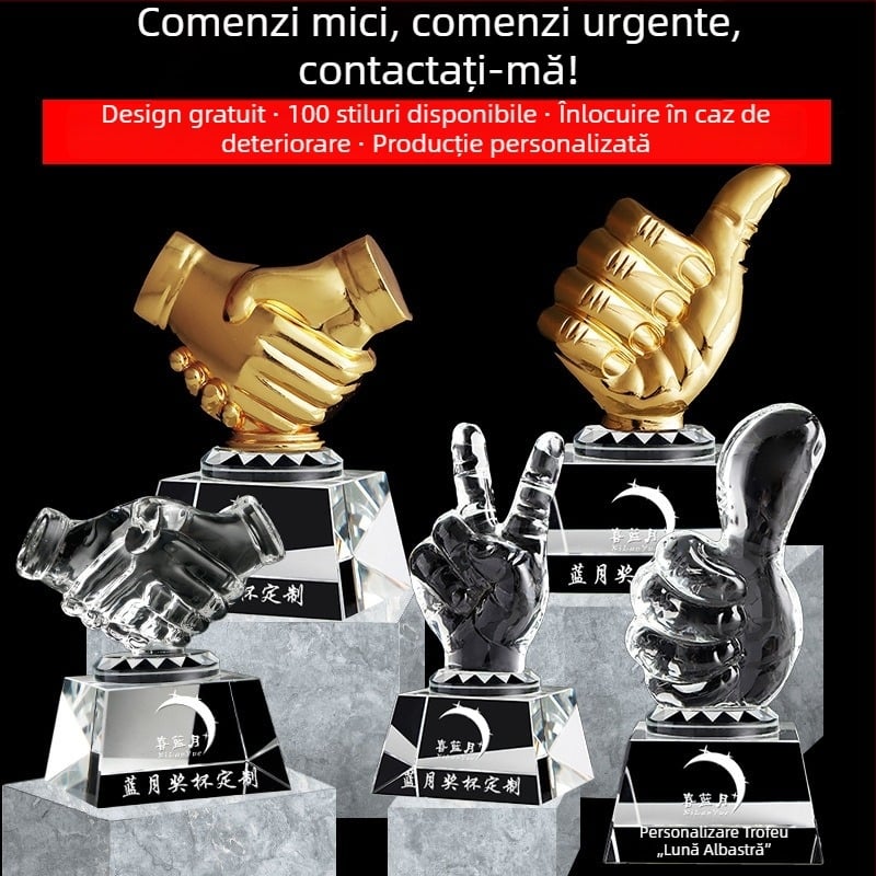 Trofeu de cristal în formă de deget mare, cristal clar K9, gravură personalizată