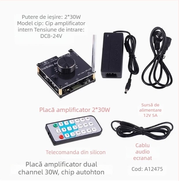 30W×2 | 80W×2 placă amplificator digital Bluetooth 5.0, dual canal stereo Hi-Fi, intrare audio USB