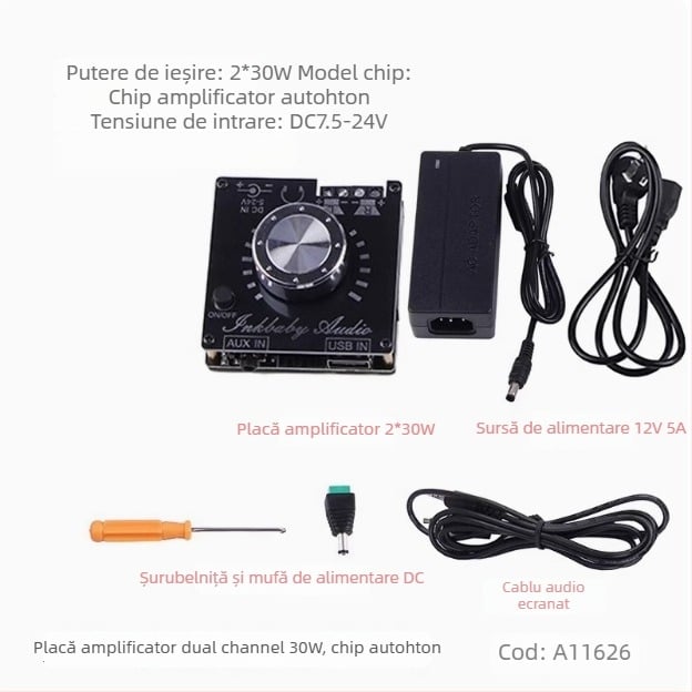 30W×2 | 80W×2 placă amplificator digital Bluetooth 5.0, dual canal stereo Hi-Fi, intrare audio USB