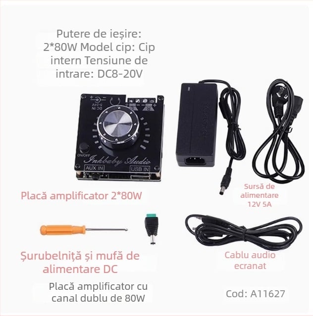 30W×2 | 80W×2 placă amplificator digital Bluetooth 5.0, dual canal stereo Hi-Fi, intrare audio USB