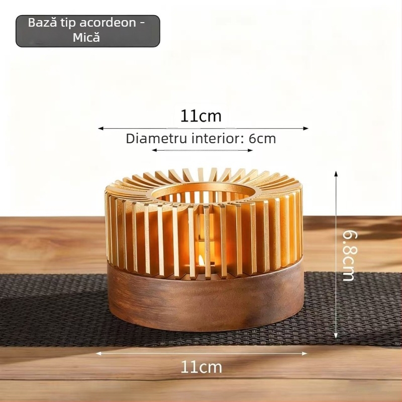 Încălzitor de ceai din aliaj de aluminiu, stil acordeon, lemn masiv, bază de încălzire cu lumânare