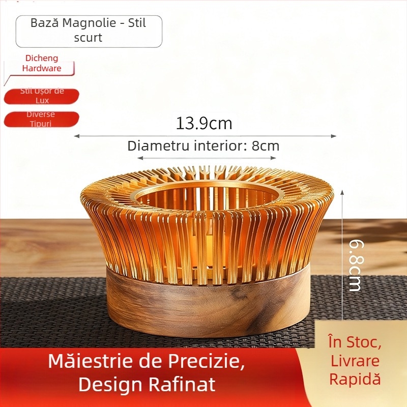 Încălzitor de ceai din aliaj de aluminiu, stil acordeon, lemn masiv, bază de încălzire cu lumânare