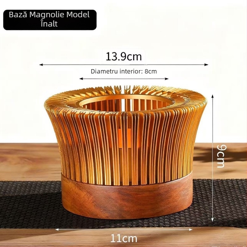 Încălzitor de ceai din aliaj de aluminiu, stil acordeon, lemn masiv, bază de încălzire cu lumânare