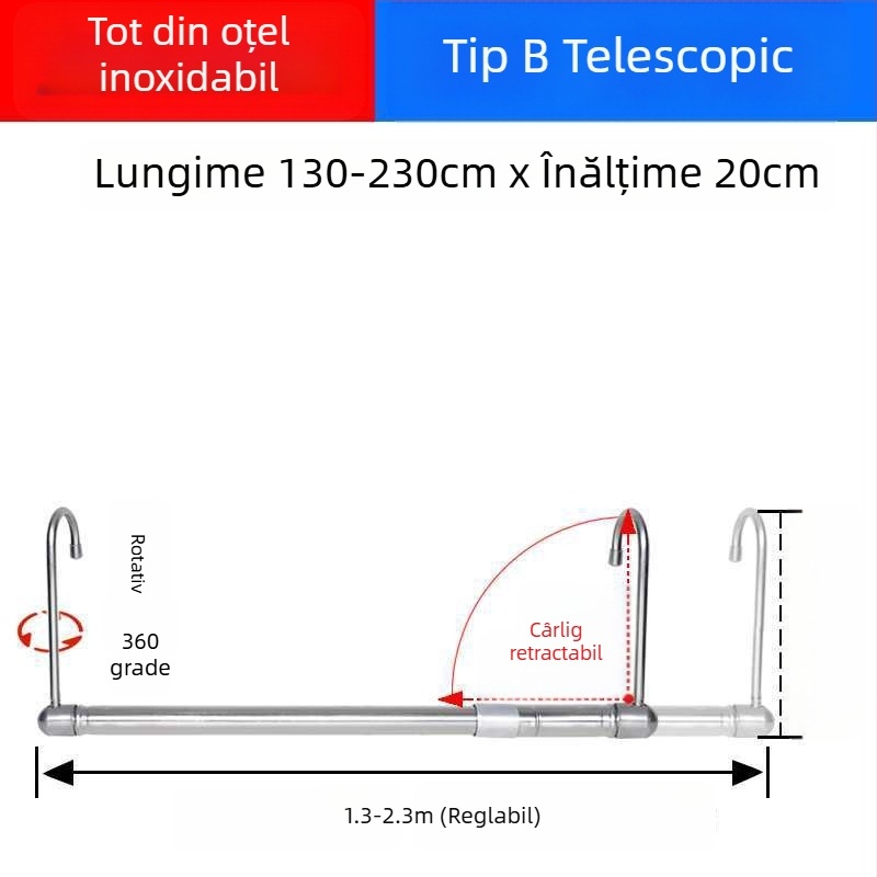 Bară telescopică de haine pentru balcon, invizibilă, retractabilă, pliabilă, pentru lenjerie și pilote
