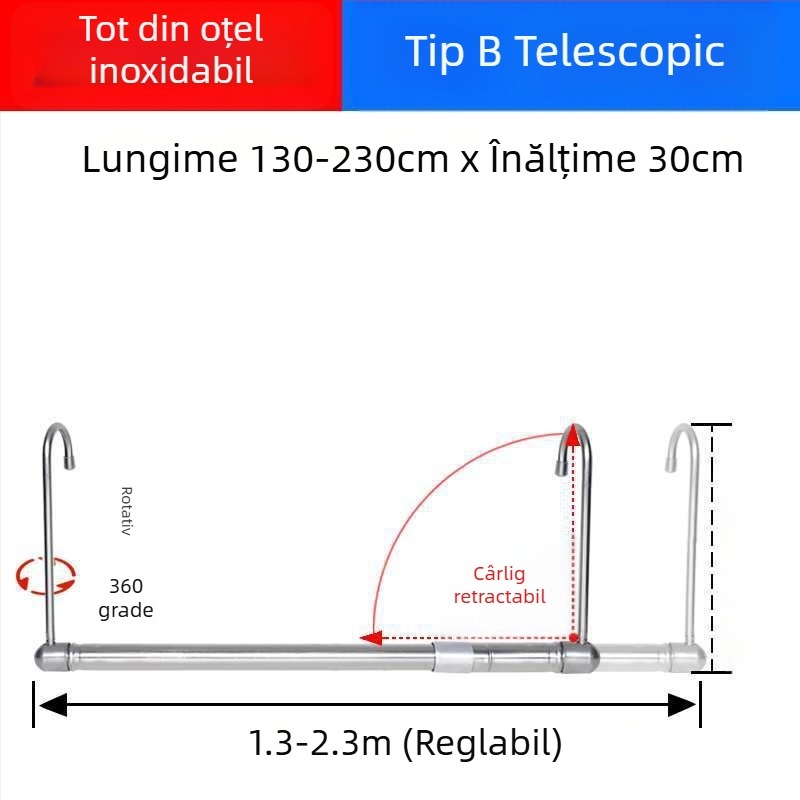 Bară telescopică de haine pentru balcon, invizibilă, retractabilă, pliabilă, pentru lenjerie și pilote