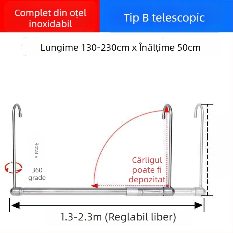Bară telescopică de haine pentru balcon, invizibilă, retractabilă, pliabilă, pentru lenjerie și pilote