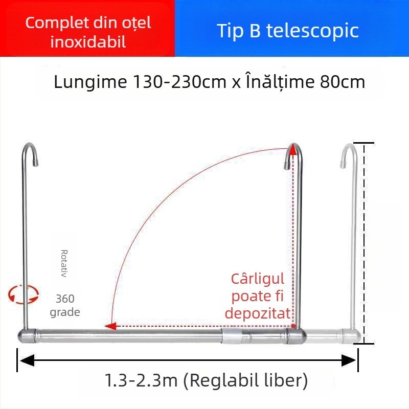 Bară telescopică de haine pentru balcon, invizibilă, retractabilă, pliabilă, pentru lenjerie și pilote