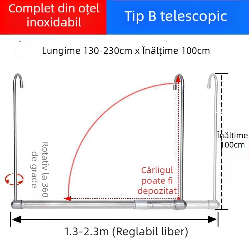 Bară telescopică de haine pentru balcon, invizibilă, retractabilă, pliabilă, pentru lenjerie și pilote