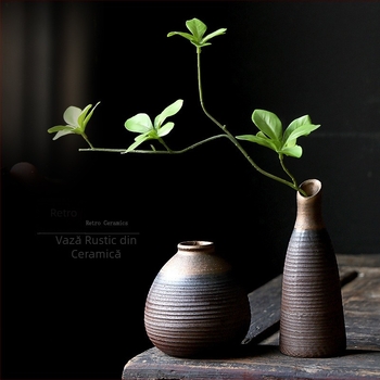 Vază ceramică mică în stil antic pentru decor de birou, ceramică rustică, vas hidroponic pentru flori și ornament pentru ceremonia ceaiului
