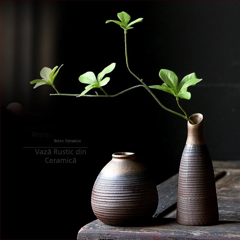 Vază ceramică mică în stil antic pentru decor de birou, ceramică rustică, vas hidroponic pentru flori și ornament pentru ceremonia ceaiului