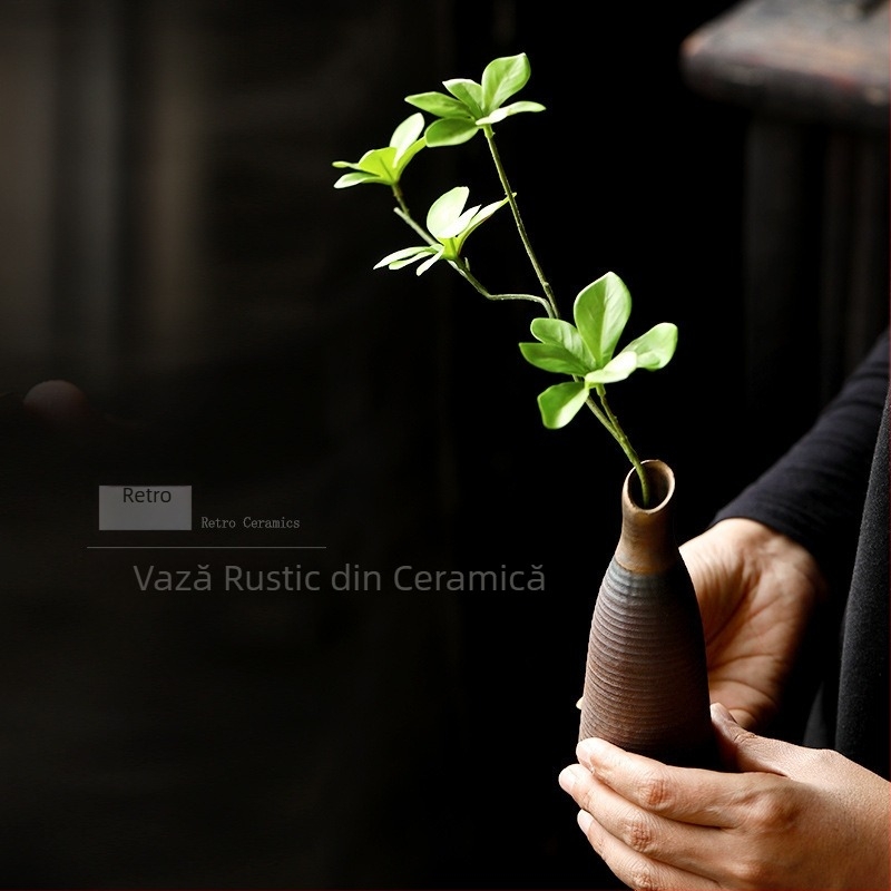 Vază ceramică mică în stil antic pentru decor de birou, ceramică rustică, vas hidroponic pentru flori și ornament pentru ceremonia ceaiului