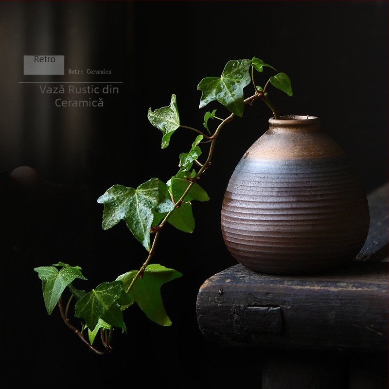 Vază ceramică mică în stil antic pentru decor de birou, ceramică rustică, vas hidroponic pentru flori și ornament pentru ceremonia ceaiului
