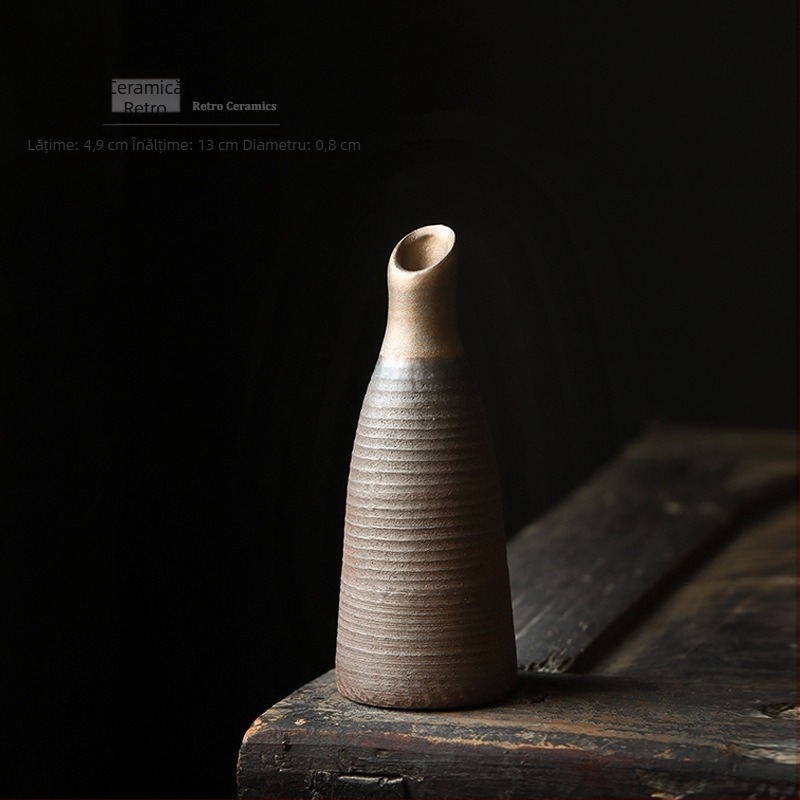 Vază ceramică mică în stil antic pentru decor de birou, ceramică rustică, vas hidroponic pentru flori și ornament pentru ceremonia ceaiului