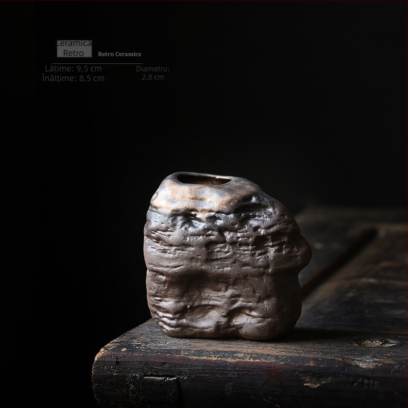 Vază ceramică mică în stil antic pentru decor de birou, ceramică rustică, vas hidroponic pentru flori și ornament pentru ceremonia ceaiului