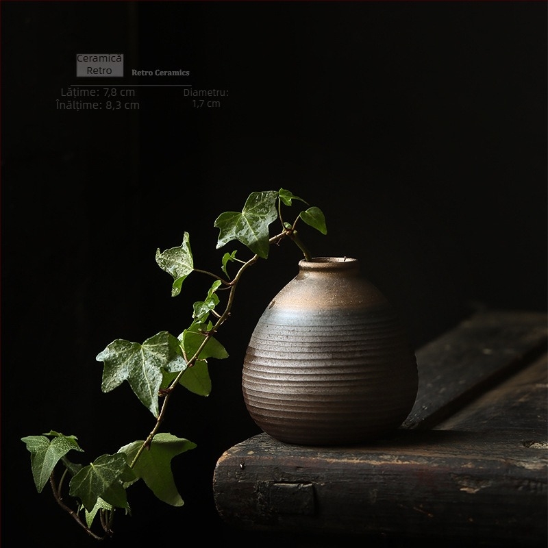 Vază ceramică mică în stil antic pentru decor de birou, ceramică rustică, vas hidroponic pentru flori și ornament pentru ceremonia ceaiului