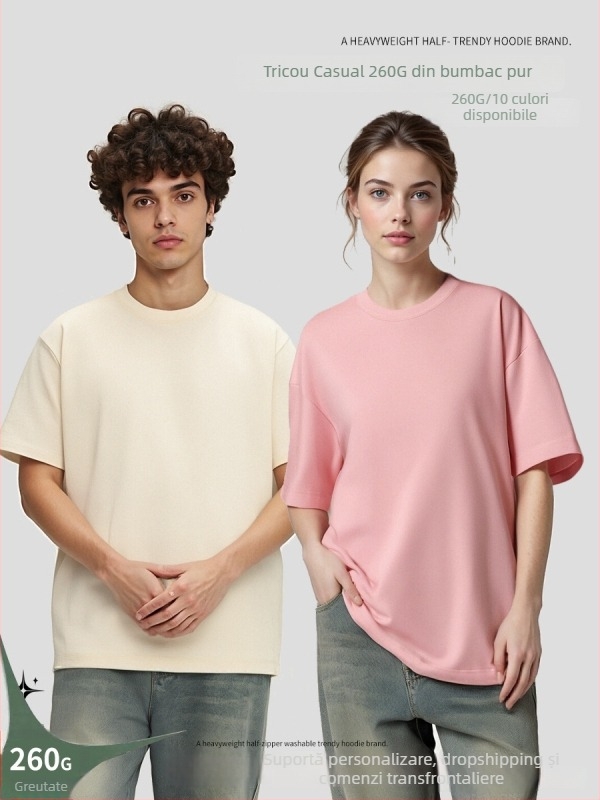Tricou bărbați din bumbac 100%, culoare uni, croială lejeră, 260 g/m²
