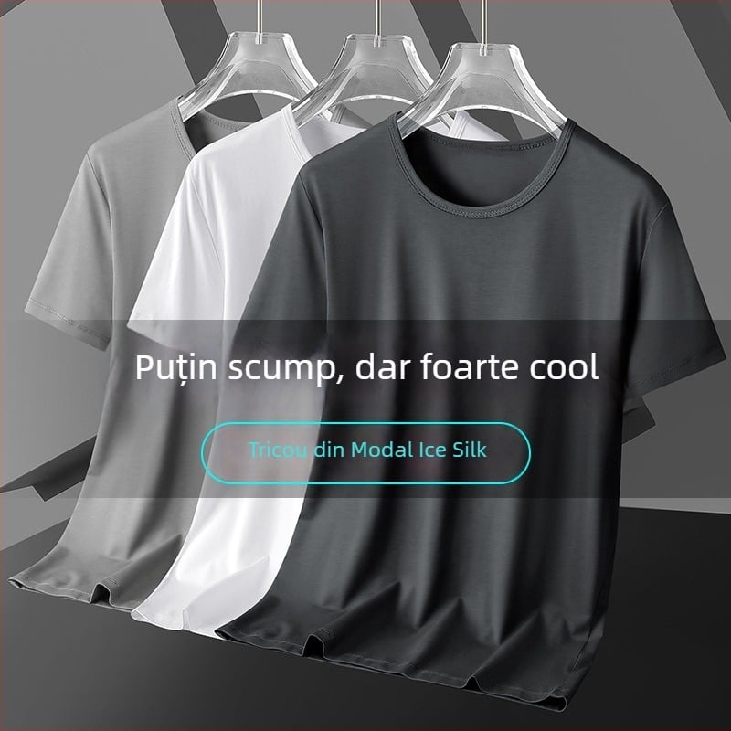 Tricou pentru bărbați cu mânecă scurtă, croială slim-fit, vară, din mătase de lapte, culoare uni, subțire, uscat rapid