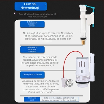 Toaletă split, diametru 3 inch, robinet de scurgere controlat prin cablu pentru rezervor; accesorii: buton de eliberare a apei și cheie.