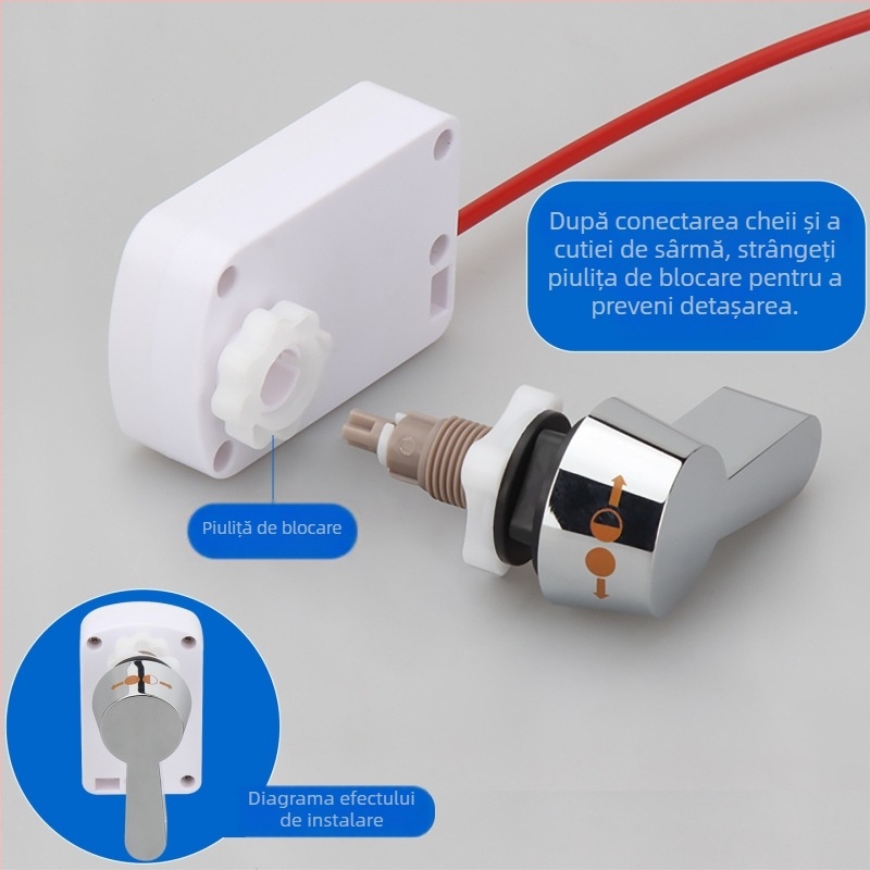 Toaletă split, diametru 3 inch, robinet de scurgere controlat prin cablu pentru rezervor; accesorii: buton de eliberare a apei și cheie.