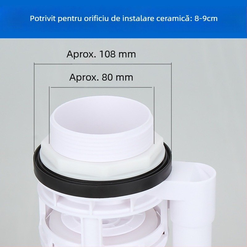 Toaletă split, diametru 3 inch, robinet de scurgere controlat prin cablu pentru rezervor; accesorii: buton de eliberare a apei și cheie.