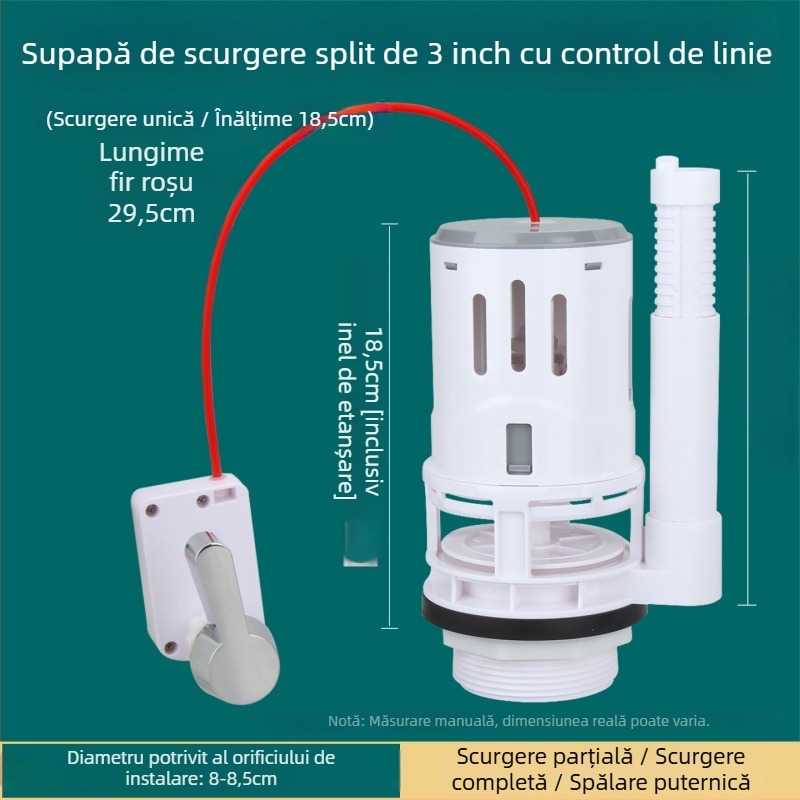 Toaletă split, diametru 3 inch, robinet de scurgere controlat prin cablu pentru rezervor; accesorii: buton de eliberare a apei și cheie.
