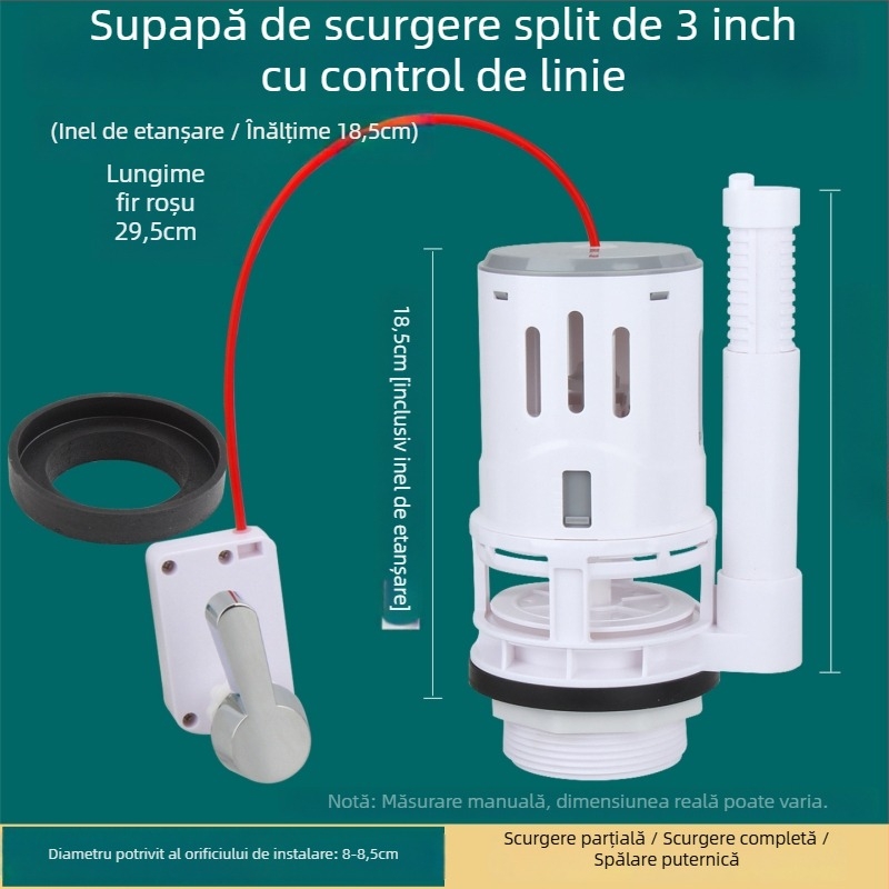 Toaletă split, diametru 3 inch, robinet de scurgere controlat prin cablu pentru rezervor; accesorii: buton de eliberare a apei și cheie.