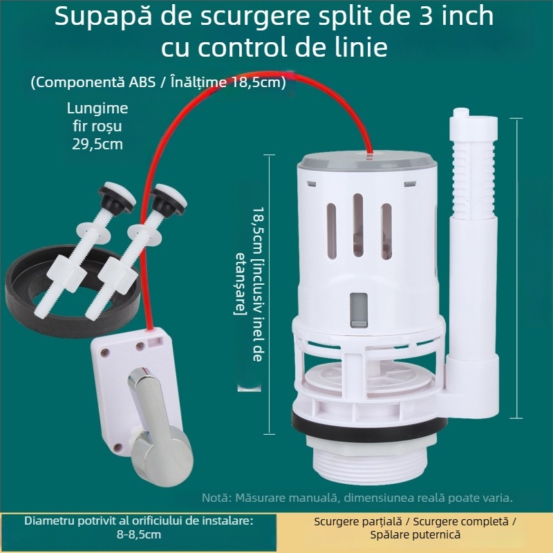 Toaletă split, diametru 3 inch, robinet de scurgere controlat prin cablu pentru rezervor; accesorii: buton de eliberare a apei și cheie.