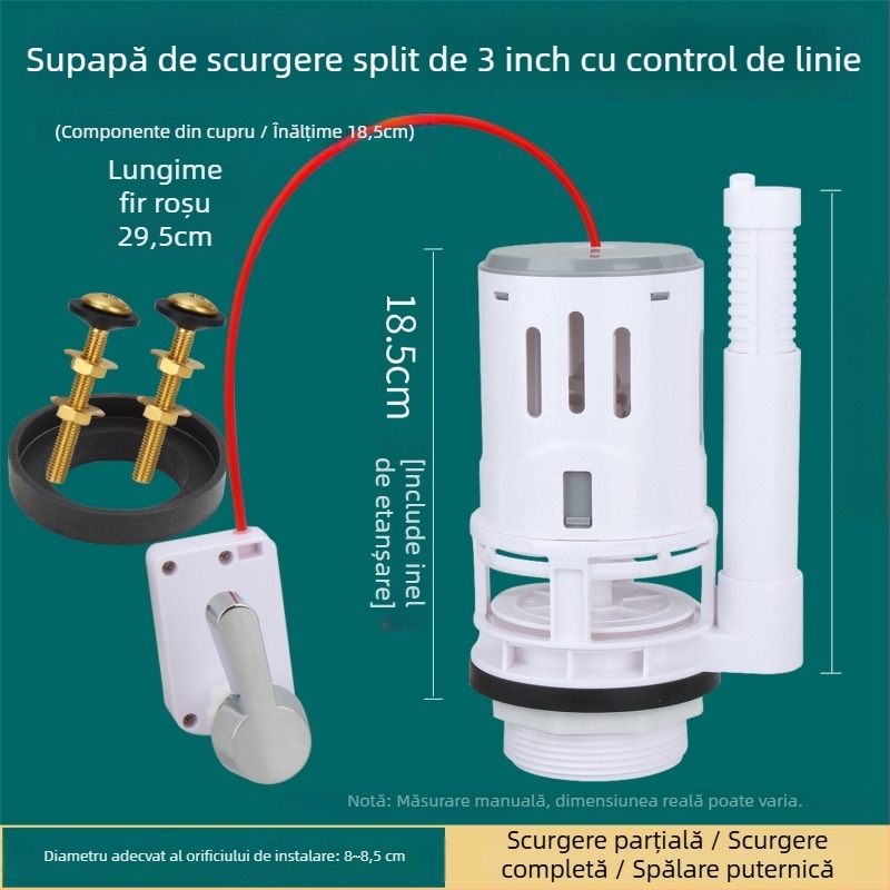 Toaletă split, diametru 3 inch, robinet de scurgere controlat prin cablu pentru rezervor; accesorii: buton de eliberare a apei și cheie.