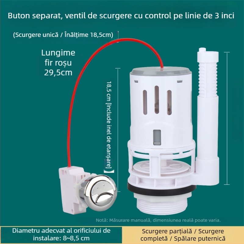 Toaletă split, diametru 3 inch, robinet de scurgere controlat prin cablu pentru rezervor; accesorii: buton de eliberare a apei și cheie.