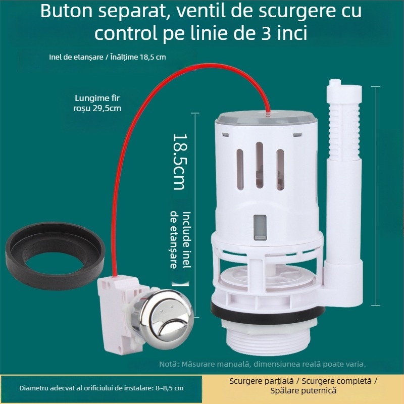 Toaletă split, diametru 3 inch, robinet de scurgere controlat prin cablu pentru rezervor; accesorii: buton de eliberare a apei și cheie.