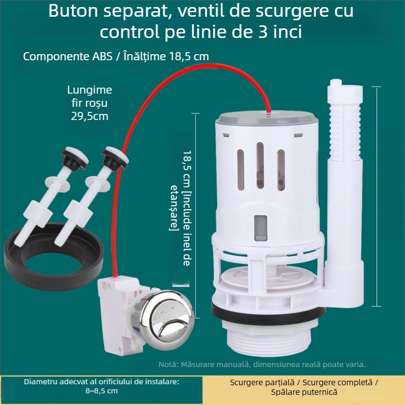 Toaletă split, diametru 3 inch, robinet de scurgere controlat prin cablu pentru rezervor; accesorii: buton de eliberare a apei și cheie.
