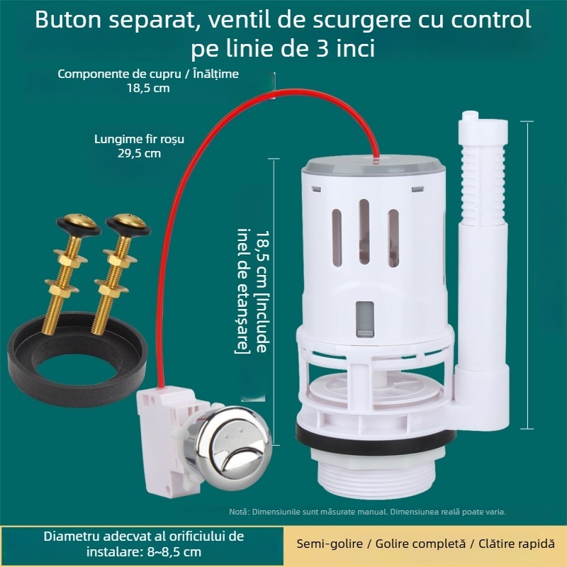 Toaletă split, diametru 3 inch, robinet de scurgere controlat prin cablu pentru rezervor; accesorii: buton de eliberare a apei și cheie.