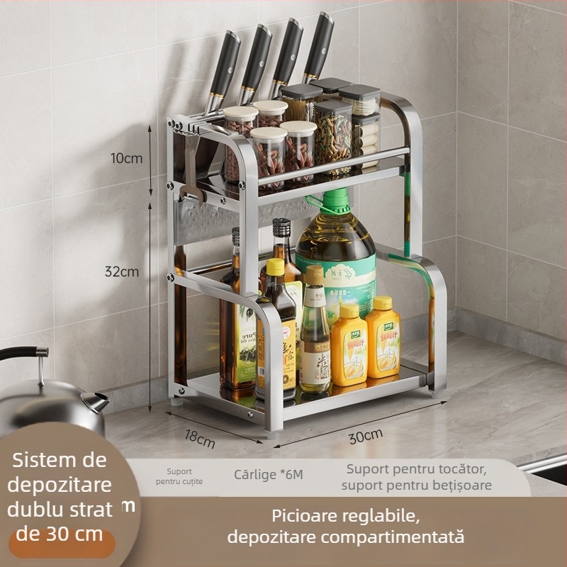 Raft de bucătărie pe blat pentru condimente, suport pentru bețișoare și cuțite, organizator pentru tocător, spațiu multifuncțional de depozitare pentru borcane cu condimente