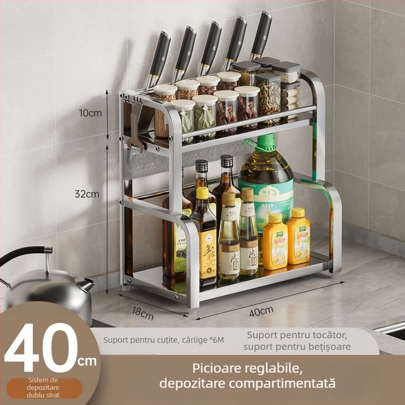 Raft de bucătărie pe blat pentru condimente, suport pentru bețișoare și cuțite, organizator pentru tocător, spațiu multifuncțional de depozitare pentru borcane cu condimente