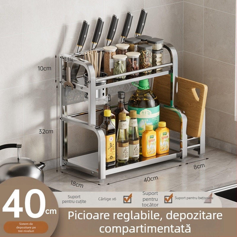 Raft de bucătărie pe blat pentru condimente, suport pentru bețișoare și cuțite, organizator pentru tocător, spațiu multifuncțional de depozitare pentru borcane cu condimente