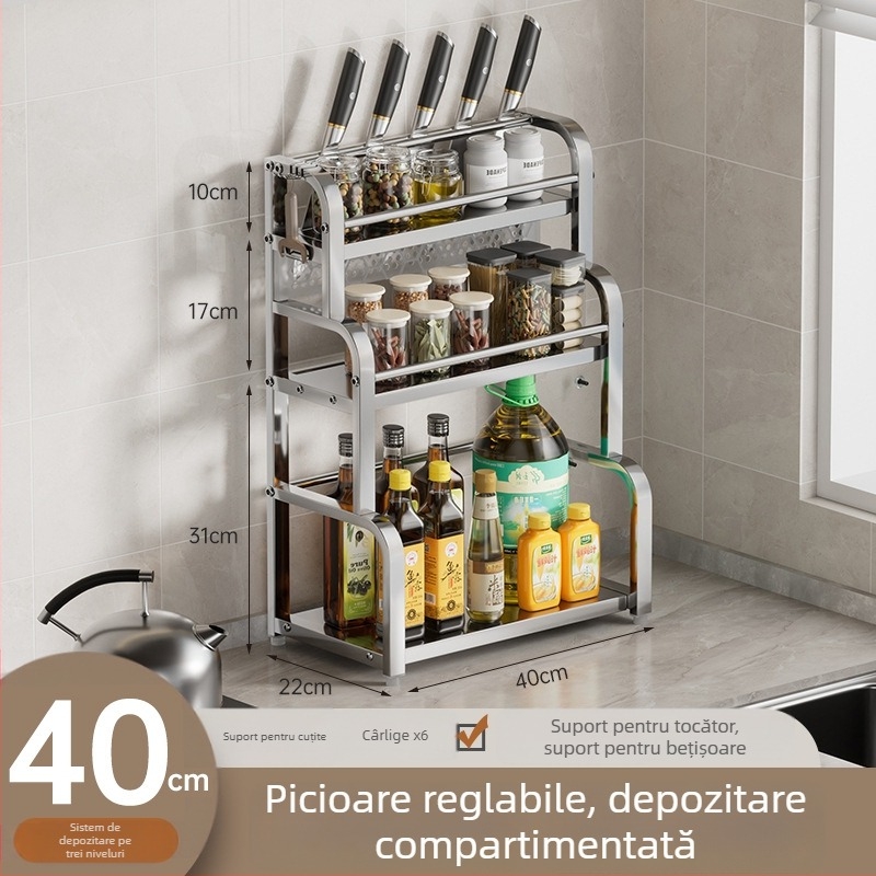 Raft de bucătărie pe blat pentru condimente, suport pentru bețișoare și cuțite, organizator pentru tocător, spațiu multifuncțional de depozitare pentru borcane cu condimente